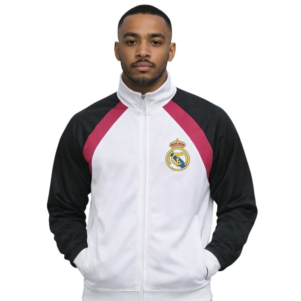 Real Madrid Track Jacket Men's Small White Black Pink Soccer Futbol Full Zip Up